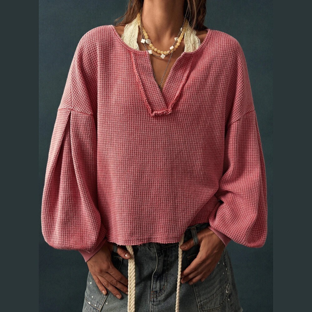 Pink Waffle Knit Notched Neck Bishop Sleeve Dropped Shoulder Cropped Sweatshirt